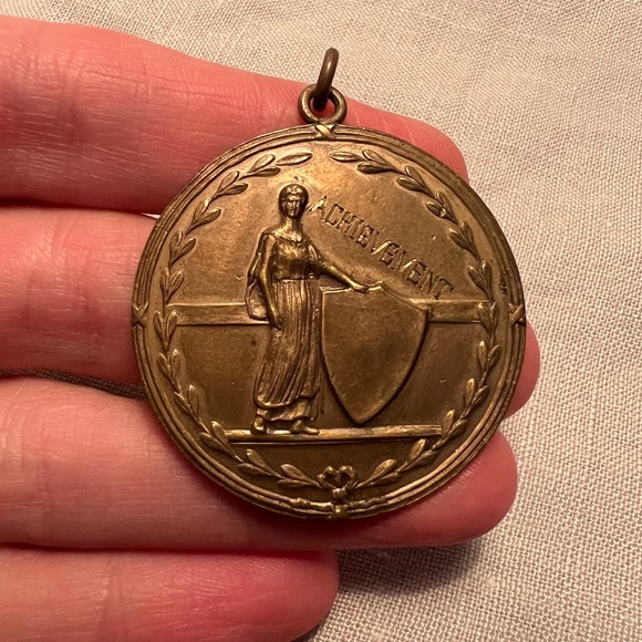 Vintage antique round gold achievement medal pendant shield engraved A. E. Young - Picture 1 of 9